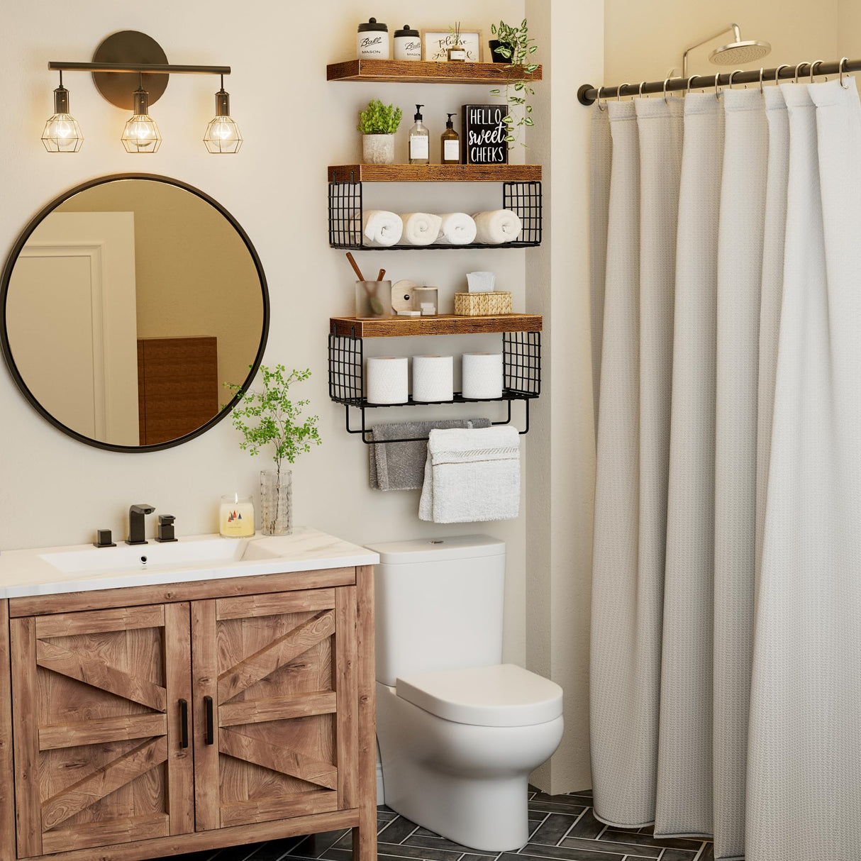 KLUVIS Bathroom Floating Shelves for Wall - Farmhouse Shelf Over Toilet Small 16 inch Set of 3, Rustic Brown (13BN3) KLUVIS