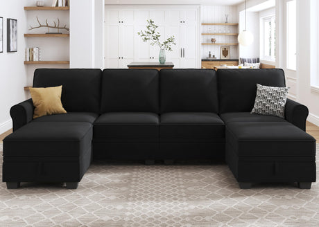 HONBAY Sectional Sofa with Storage Seat Velvet U Shaped Couch with Reversible Chaise Convertible Sectional Couches for Living Room,Black Velvet HONBAY