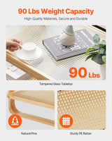 VEVOR Rattan Coffee Table, Rectangle Rattan Woven Wood Coffee Table with Tempered Glass Top, 45-Inch Modern Boho Storage Coffee Table with Natural Wood Legs, for Living Room, Bedroom & Small Spaces VEVOR