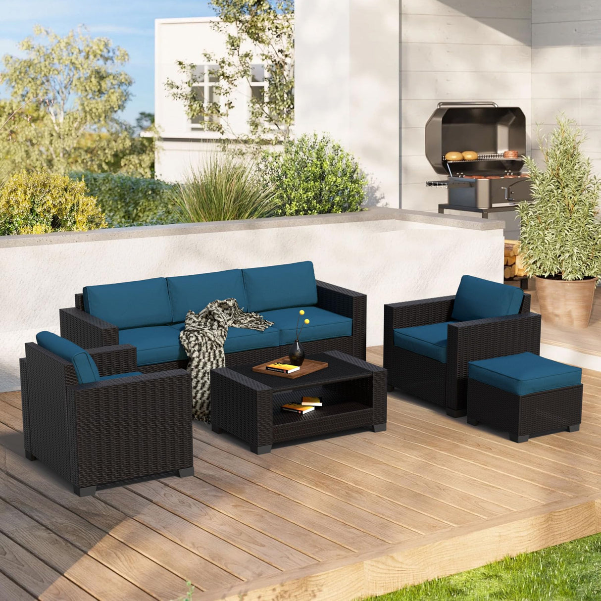 YLGJ&TIDY 7-Piece Outdoor Sectional Patio Furniture Set, All-Weather Wicker Rattan Sofa w/Thick Washable Cushions & Tempered Glass Table, Perfect for Garden, Poolside, Backyard (Darkbrown&Lake Blue) YLGJ&TIDY