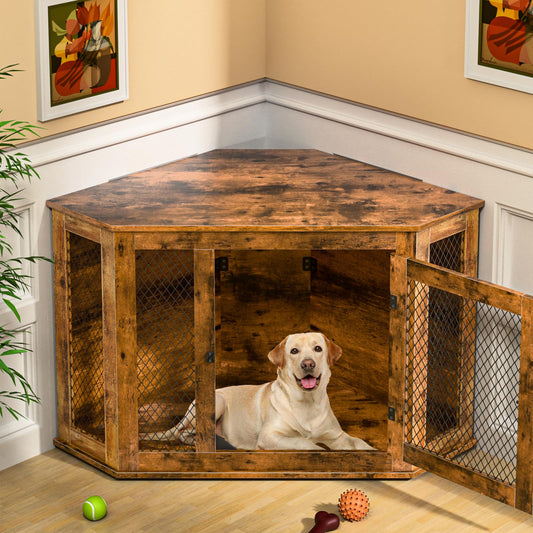 VENDORZ Corner Dog Crate Furniture, 52" Wooden Dog Kennel Furniture End Table with Mesh, Dog Kennel Indoor Furniture for Small Medium Large Dogs, Modern Decorative Wood Pet House Dog Cage Cra - WoodArtSupply