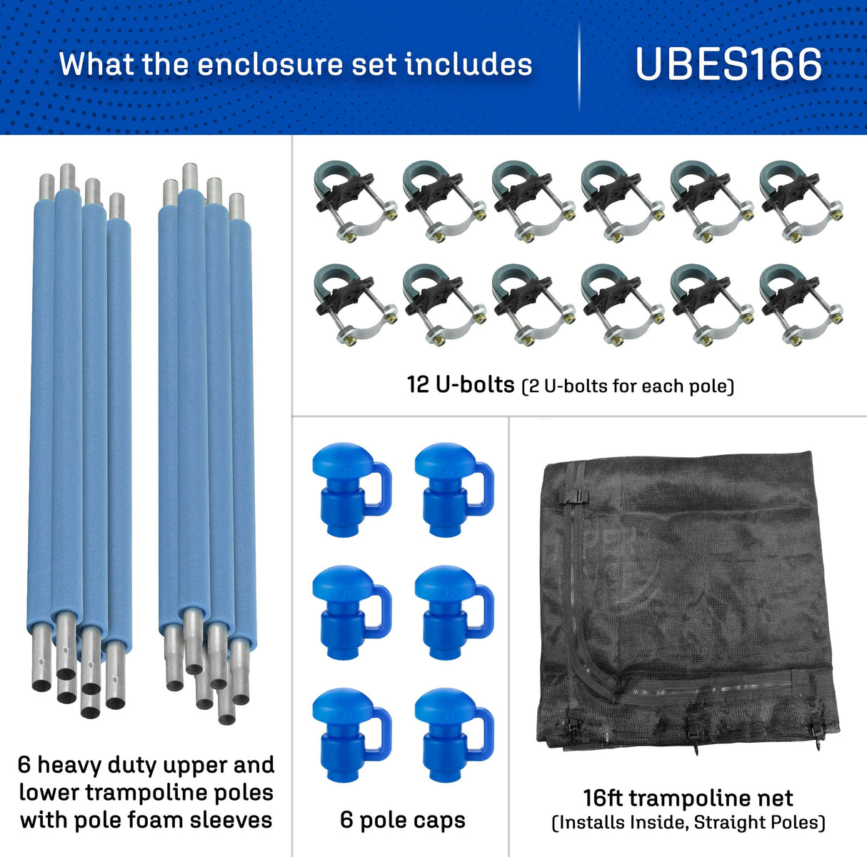 Machrus Upper Bounce Trampoline Safety Enclosure Set for 8 FT 10FT 12FT 13FT 14FT 15FT 16FT Frames - Includes Net, Poles & Hardware - Installs Inside Frame Upper Bounce