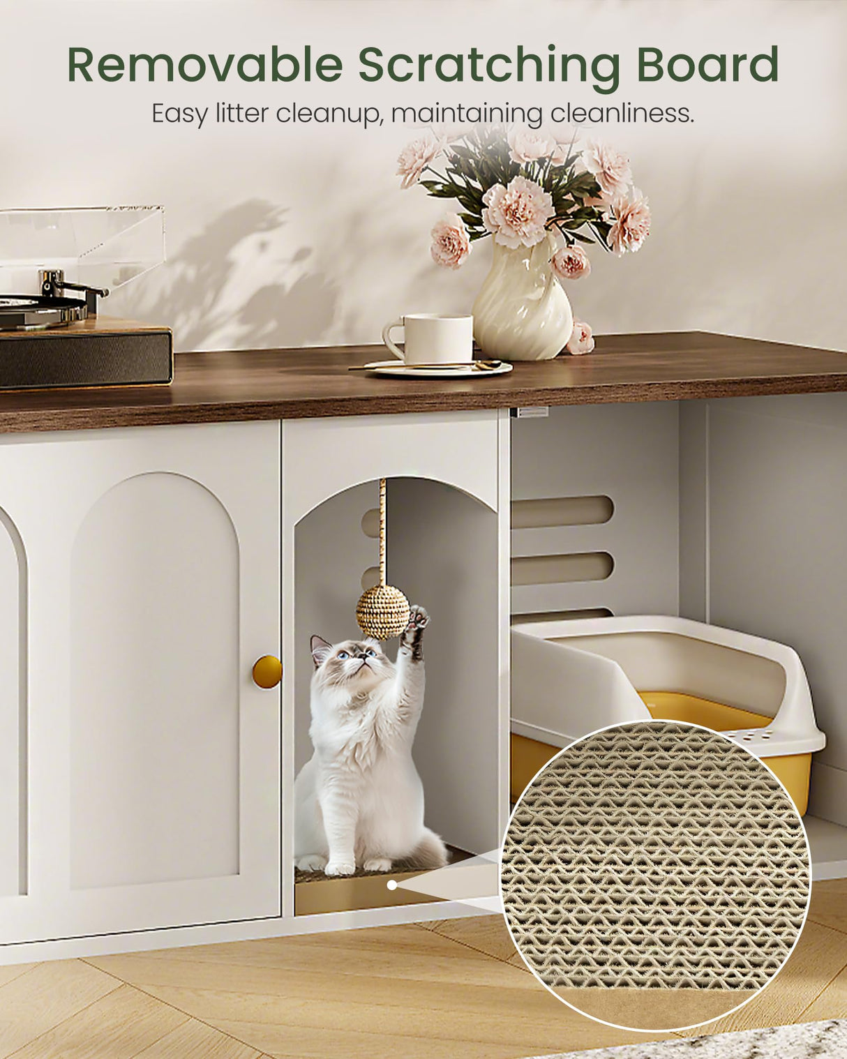 CHOEZON 47.2'' Double Cat Litter Box Enclosure, Hidden Cat Litter Box Furniture with Scratching Board and Dangling Ball, for 2 Cats, White and Walnut MMW02WL CHOEZON