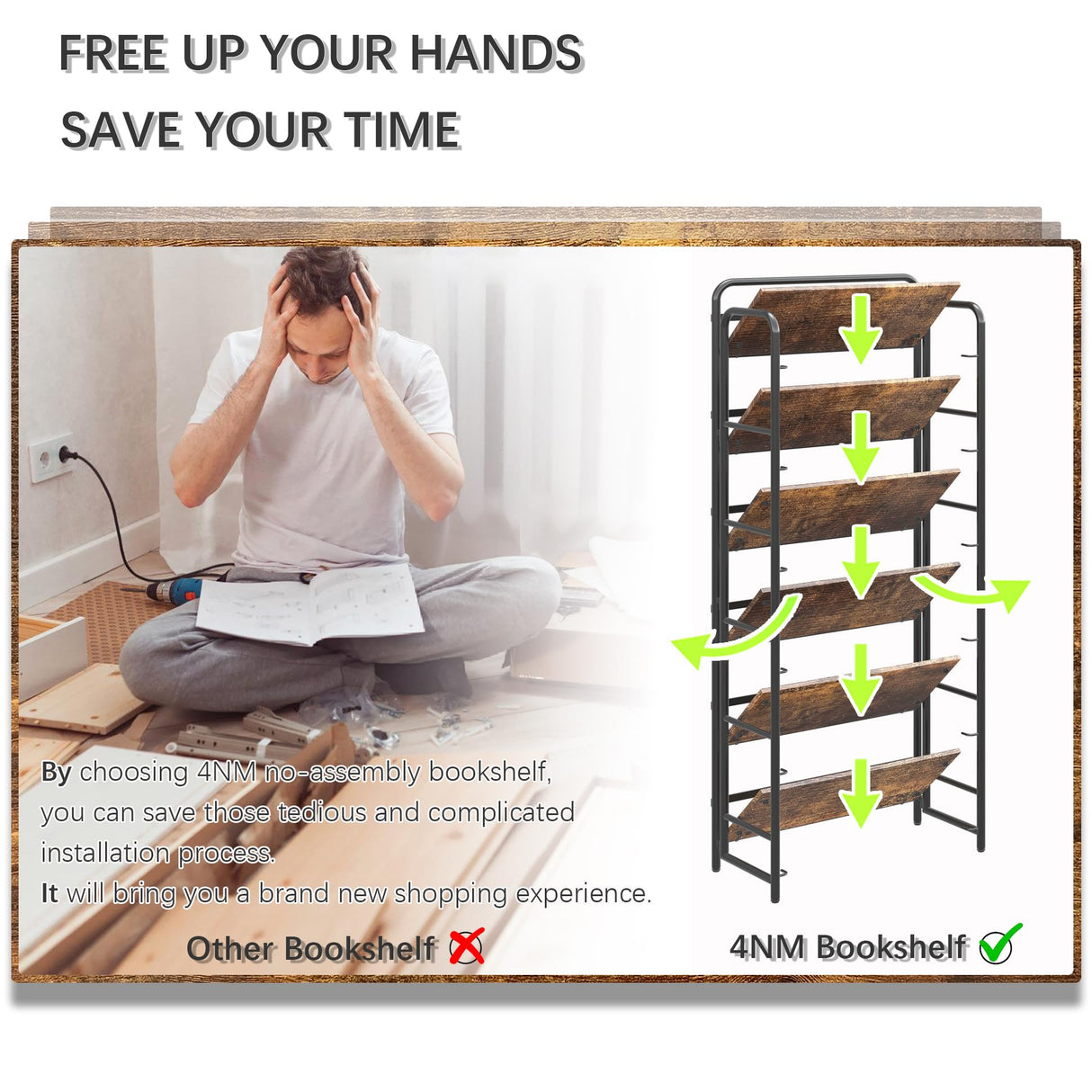 4NM No Assembly Folding Bookshelf, 6 Tier Vintage Industrial Book Shelf,Metal Foldable Storage Bookcase and Bookshelves for Living Room,Bedroom and Kitchen - Rustic Brown 4NM