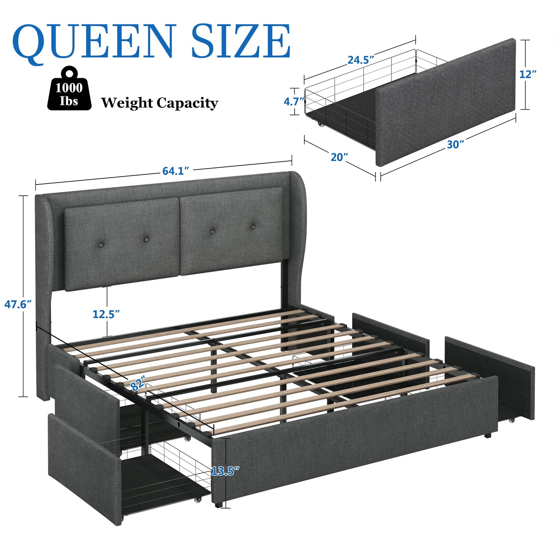 Queen Size Grey Upholstered Bed Frame with Storage, LED Lights & Wingback Headboard - LIMGLIM - WoodArtSupply