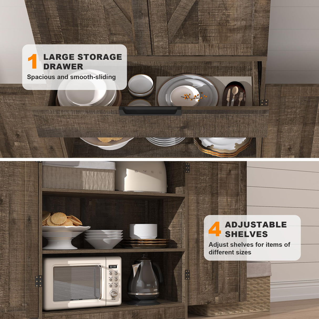 BOMETAO 72" Tall Kitchen Pantry Cabinet with X-Barn Doors, Farmhouse Storage Cabinets with Organizer, Drawer and Adjustable Shelves, Wood Cupboard for Kitchen, Dining Room, Bathroom, Rustic Brown BOMETAO