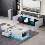 Svimi Modern Coffee Table & 65" TV Stand Set of 2, LED Entertainment Center with Power Outlets/Hidden Storage (White Coffee Table + White TV Stand) Svimi