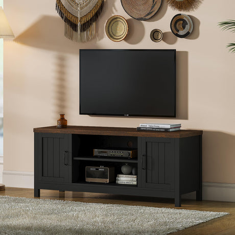 ChooChoo Farmhouse TV Stand, Wood Grooved Door Entertainment Center with Storage Cabinets and Open Shelves, Rustic Media Console up to 55 inches for Living Room, Bedroom, Black ChooChoo