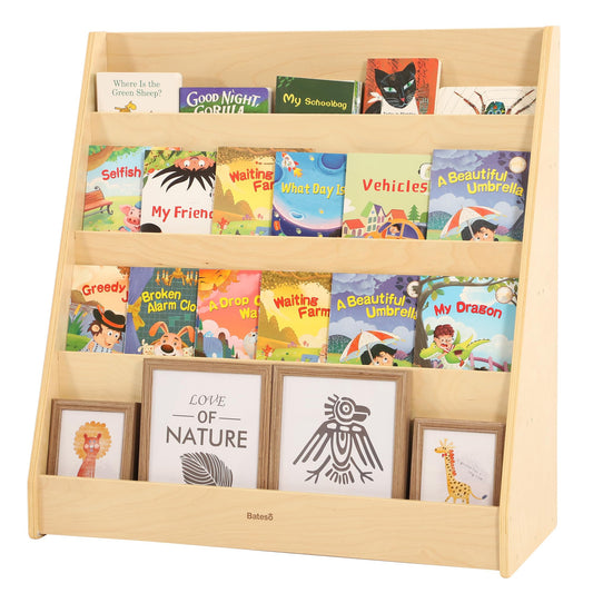 Bateso Natural Wood 4-Layer Toddler Bookshelf - Space-Saving Storage for Playrooms and Nurseries - WoodArtSupply