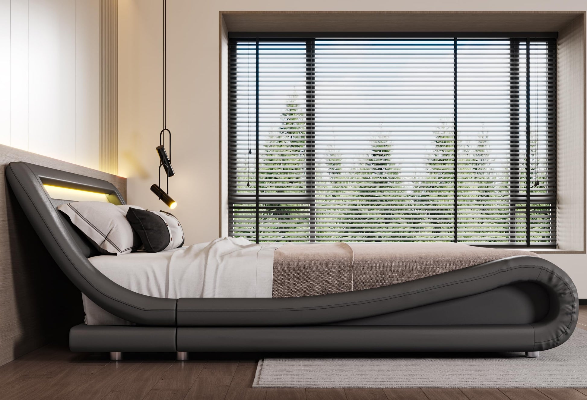 SHA CERLIN LED King Deluxe Upholstered Bed Frame - Adjustable Grey Sleigh Design with Music Sync Lighting - WoodArtSupply