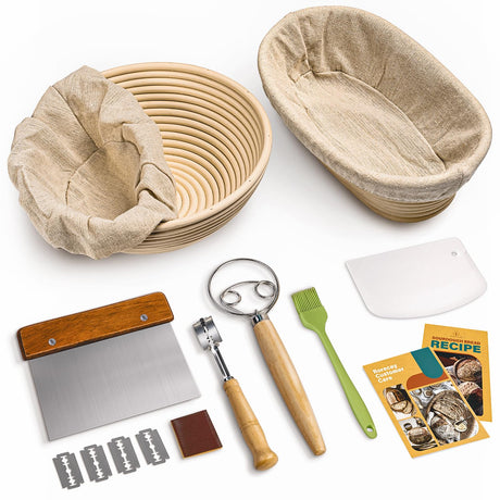 RORECAY Bread Banneton Proofing Basket Set, 9 Inch Round & 10 Inch Oval Cane Sourdough Baskets with Dough Whisk Bread Lame Dough Scraper Bowl Scraper Silicone Brush Sourdough Bread Baking Supplies rorecay