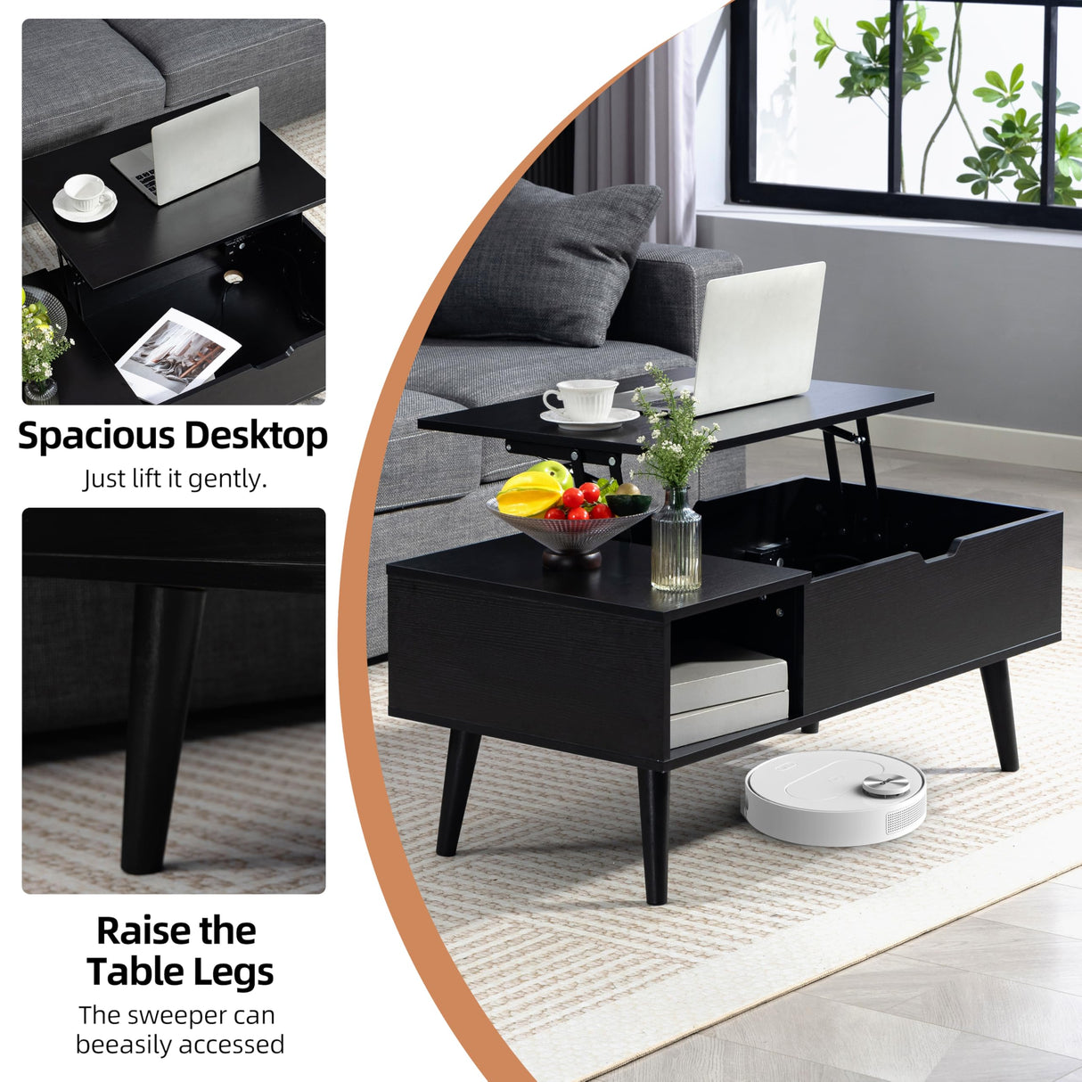 Finnhomy Lift Top Coffee Table with USB Type-C Charging Station, LED Lights and Power Outlet, 3-in-1 Multifunctional Table with Hidden Compartment and Large Storage, for Living Room Home Office, Black Finnhomy