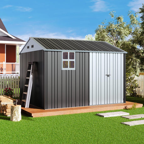 Jocisland 10x8.6x7.5 FT Sheds & Outdoor Storage, Lockable Double Hinged Doors and 4 Vents, Metal Large Shed, Backyard Storage for Bikes and Garden Tools Dark Black/White Jocisland