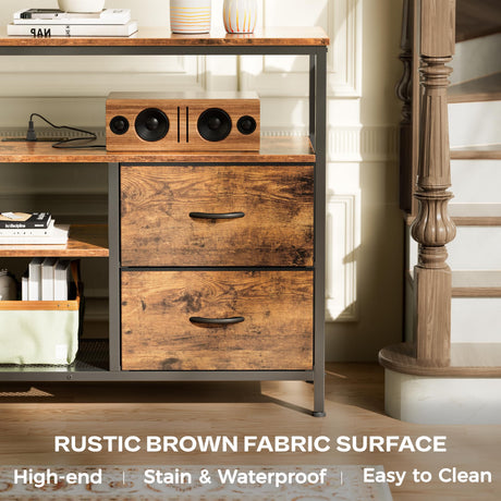 Huuger 47 Inch TV Stand Dresser with Power Outlets and LED Lights, Fabric Dresser for Bedroom, 4 Drawers Entertainment Center with Open Shelf, Media Console for 55 50 Inch TV, Rustic Brown Huuger