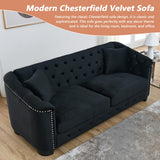 mikibama Modern Chesterfield Velvet Sofa, 77 Inch Sectional Sofa, Luxury 3 Seater Upholstered Tufted Couch with Nailhead Arms and 2 Pillows for Living Room, Bedroom, Apartment(Black) mikibama