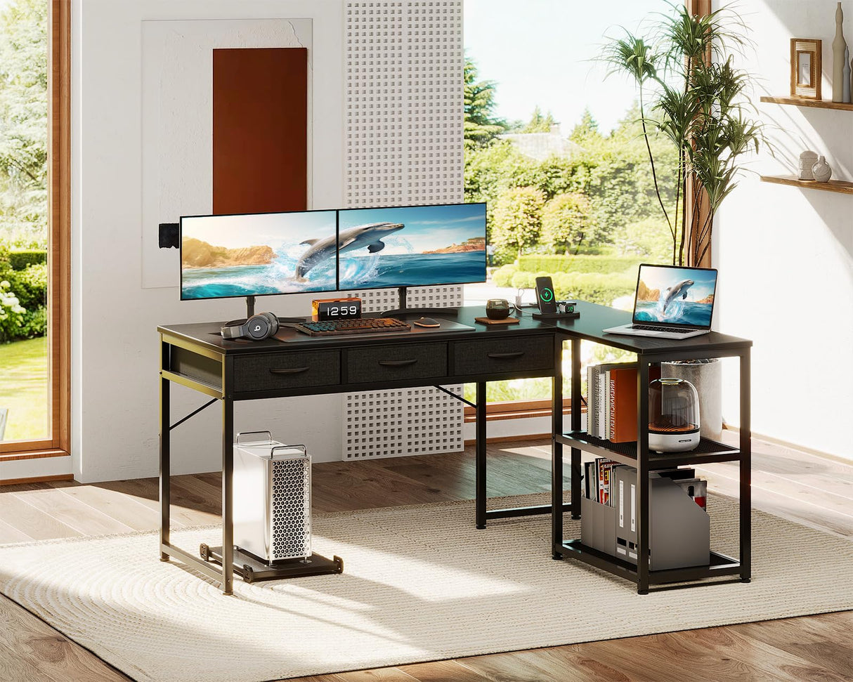 AODK 53 Inch Black L Shaped Computer Desk with Drawers & Power Outlets AODK