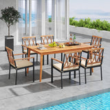 Tangkula 7 Piece Patio Wood Dining Set with Umbrella Hole, Outdoor Rectangle Acacia Table and Cushioned Chairs with Heavy Duty Metal Frame, for Front Porch, Yard, Balcony Tangkula