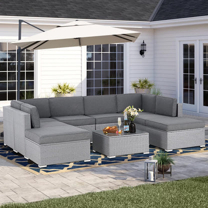 Betterland 9 Piece Outdoor Sectional Sofa Patio Furniture Set, All-Weather PE Grey Wicker Patio Conversation Set with Washable Cushion and Glass Table(Grey Cushions)