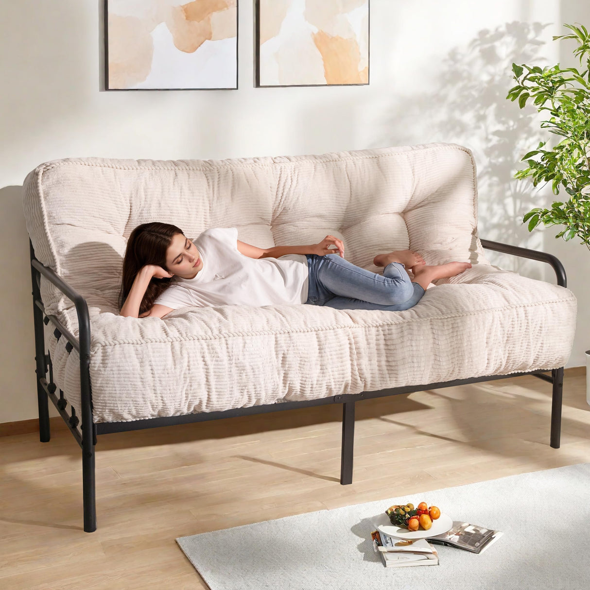 MAXYOYO 8" Futon Mattress Queen Size, Ultra Thick Futons Sofa Couch Bed Tufted Sleeper Sofa Bed, Floor Mattress for Adults, Shredded Foam Filling (Frame Not Included), Beige MAXYOYO