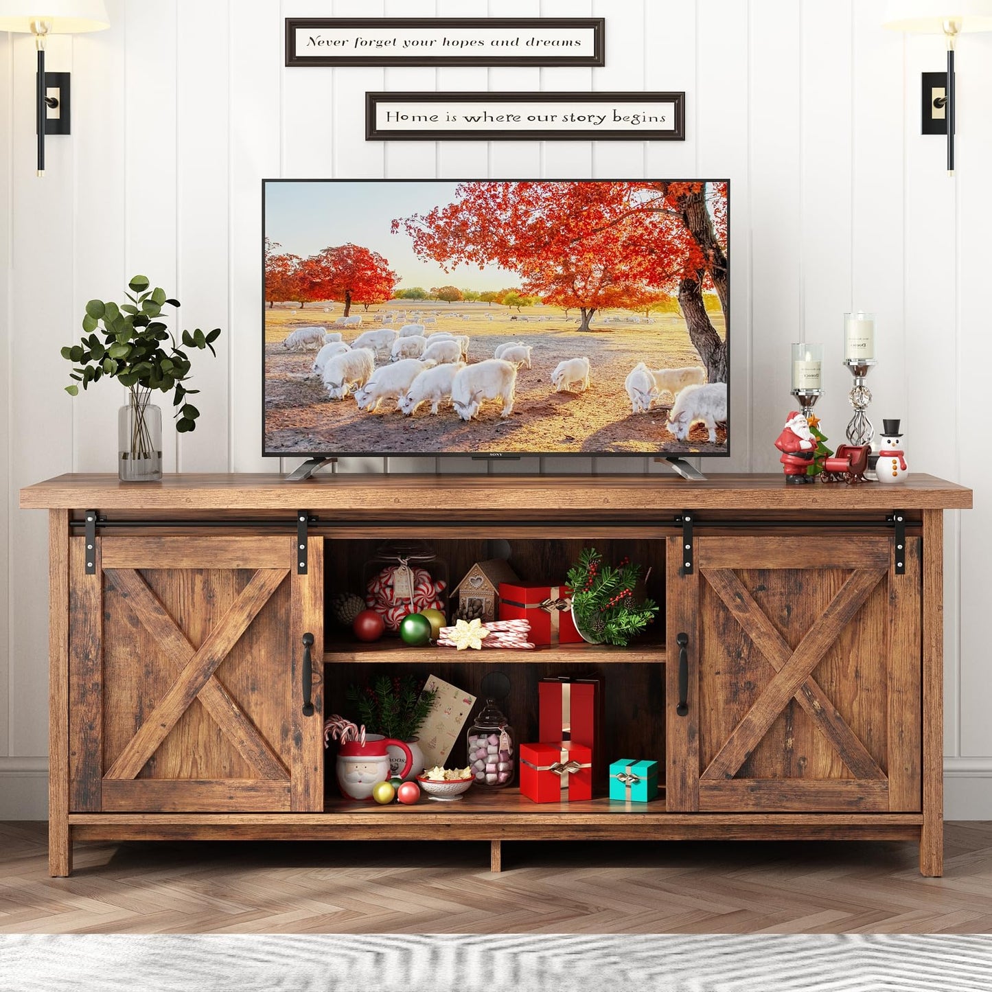 Elibeauty Rustic Brown Farmhouse TV Stand for 50-65 Inch TVs with Adjustable Shelves and Sliding Barn Doors