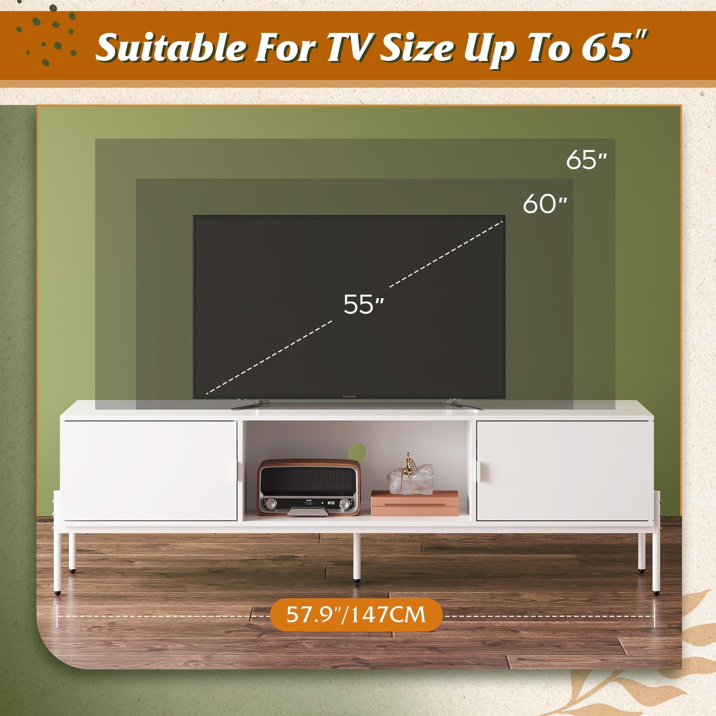 WLIVE Modern TV Stand for 65 Inch TV, Mid Century Entainment Center with Storage, TV Console with Open Shelf and 2 Cabinets for Bedroom and Living Room, TV Cabinet with Metal Legs, White