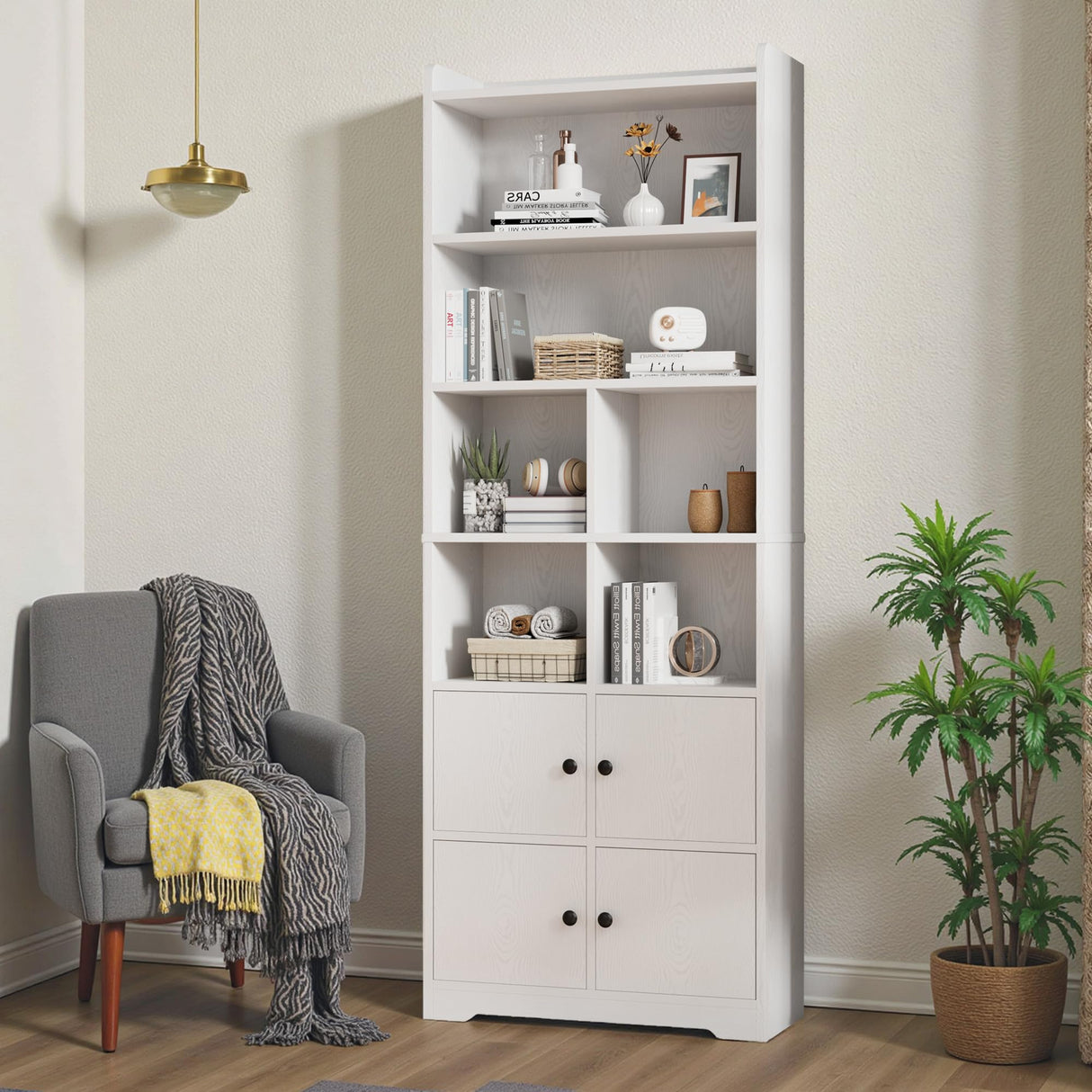 IRONCK Bookshelves and Bookcases with 4 Doors, 6-Tier Bookshelf with Storage Shelves 74.6 in Tall Bookcase for Home Office, Living Room, Bedroom, White IRONCK