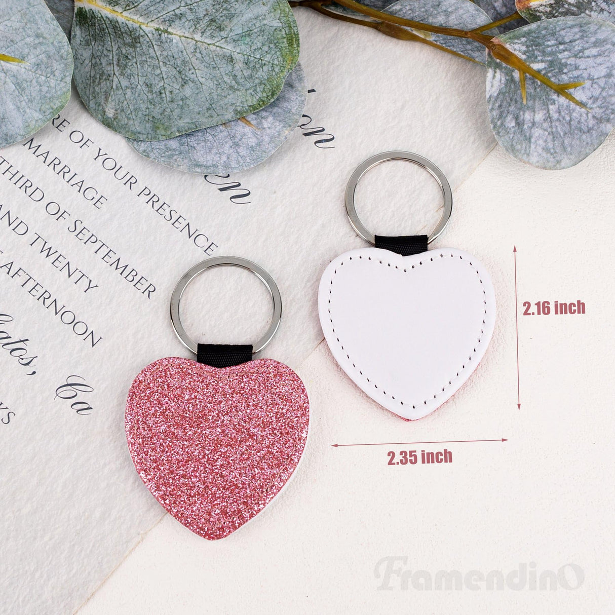 Framendino, 8 Pack Sublimation Blank Keychain Glitter PU Leather Love Heart Heat Transfer Key Chain for Personalized DIY Crafts Photo Pink Framendino