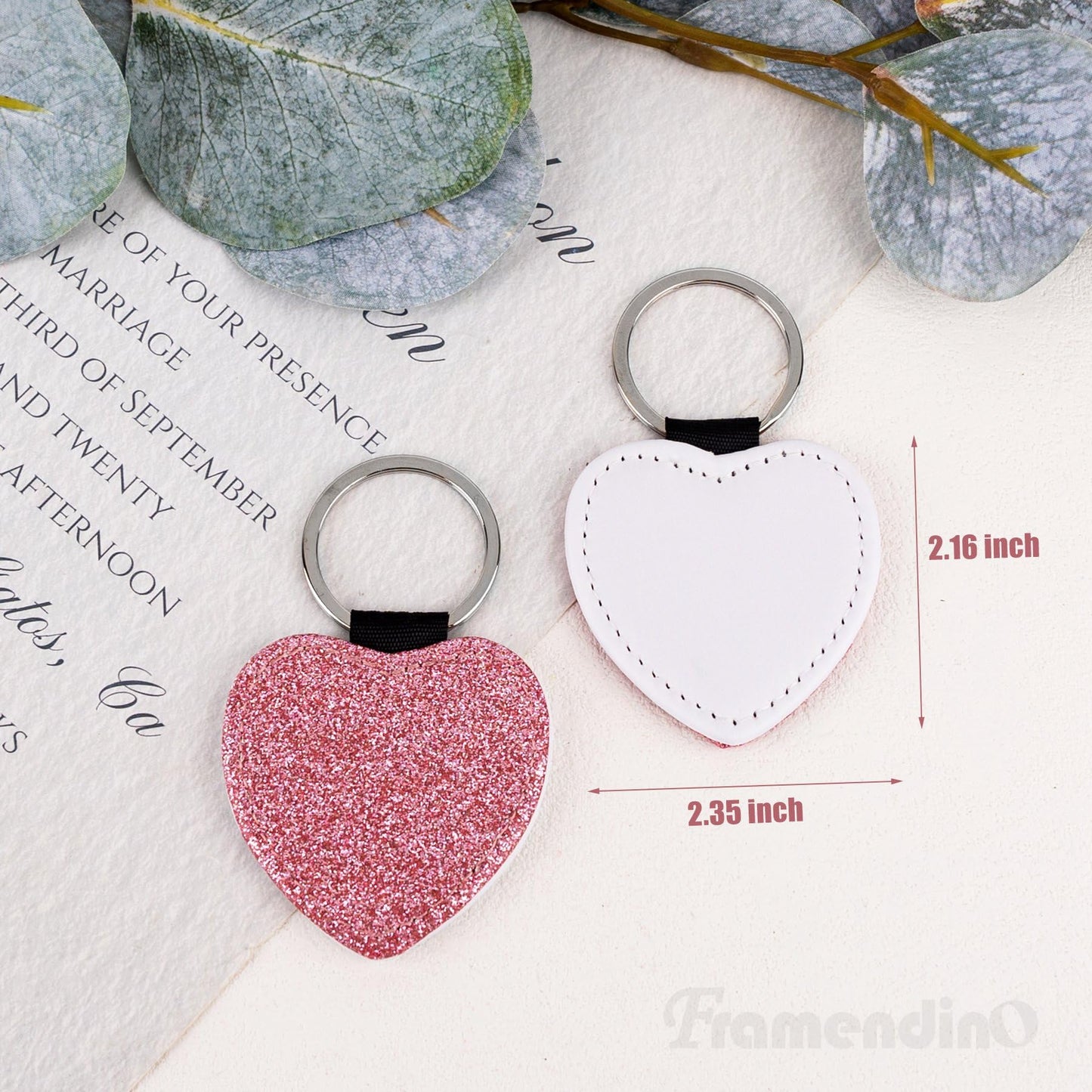 Framendino, 8 Pack Sublimation Blank Keychain Glitter PU Leather Love Heart Heat Transfer Key Chain for Personalized DIY Crafts Photo Pink