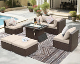 BULEXYARD 7 Piece Highback Patio Furniture Set with Fire Pit Table, Modern Modular Outdoor Sectional Couch Sofa with Ottoman, 6-Person Backyard Seating for Outside, Deck, Brown Wicker & Beige Cushion BULEXYARD