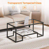 Yaheetech Coffee Table, Tempered Glass Coffee Table, Modern Simple Center Table w/Geometric-Inspired Design & Metal-Frame & Easy Assembly & Open Storage Shelf for Living Room, Office, Black Yaheetech