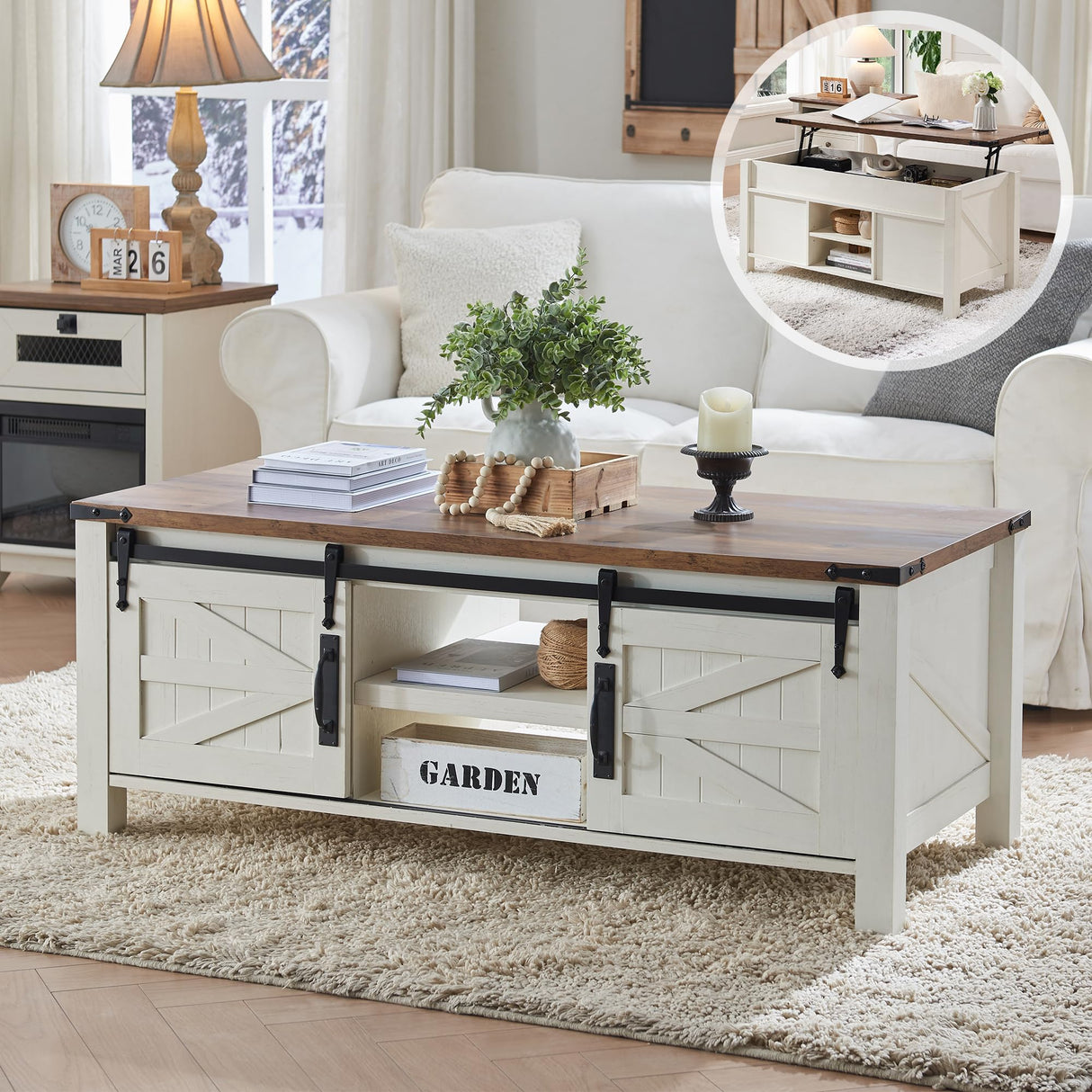 OKD 48" Farmhouse Lift Top Coffee Table with Sliding Barn Door,Rustic Center Table with Hidden Storage Compartment,Lifting Tabletop and Adjustable Shelf for Living Room,Office,Antique White OKD