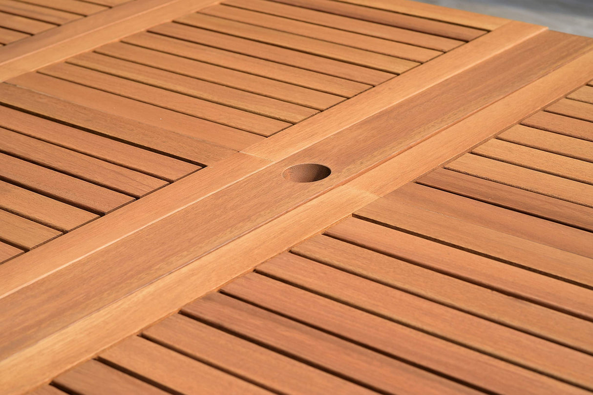 Brampton 9 Piece Outdoor Eucalyptus Extendable Dining Set | Perfect for Patio | White Chairs with Arms and Teak Finish Brampton Patio