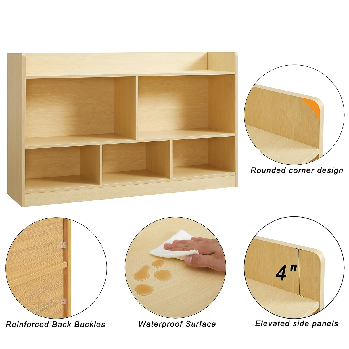 Natural Wooden 5-Section Kids Toy Storage Organizer & Bookshelf for Playroom, Nursery, and Classroom Onirw