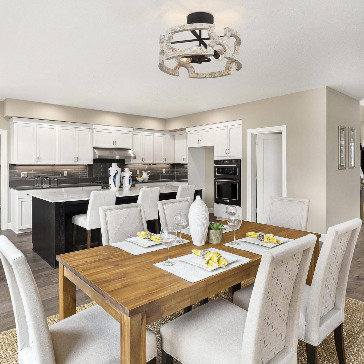 KSANA Farmhouse Wood Semi Flush Mount Ceiling Light, Vintage Drum Distressed White Close to Ceiling Light Fixtures for Bedroom, Hallway, Foyer, Entryway, Kitchen, Stairway, Dining & Living Room KSANA