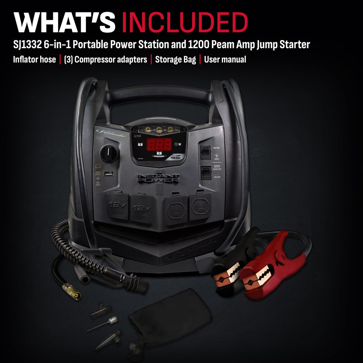 Schumacher Electric Jump Starter and Portable Power Station 6-in-1, SJ1332 with 150-PSI Air Compressor and 200 Continuous/400 Peak Watt Power Inverter, 1200 Peak Amps, 12 Volts, Black, 1 unit Schumacher