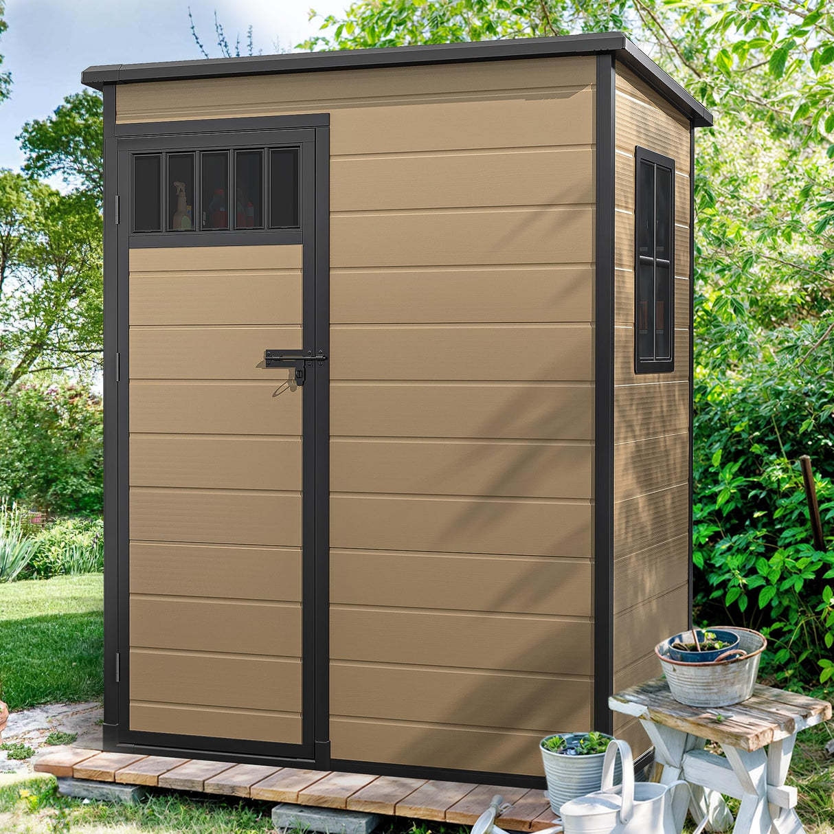 DWVO 5x3FT Outdoor Storage Shed with Fence-Style and Side Windows, Floor, Lockable Doors, Plastic Storage for Backyard and Garden, Brown DWVO
