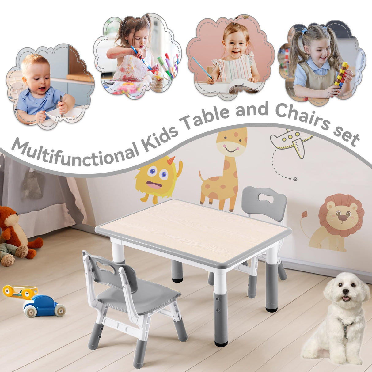 GITAWUSA Kids Study Table and Chairs Set, Height Adjustable Toddler Table and Chair Set for Kids Ages 3-8, 31.5" L x 23.6" W Graffiti Desktop Plastic Children Art Table with 2 Seats, Grey GITAWUSA