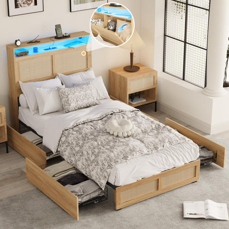 Fameill Twin Bed Frame with LED Light and Storage Rattan Headboard and 4 Drawers,Charging Station,Metal Platform with Strong Metal Slats Support,Boho Cane Bed Mattress Foundation No Box Spring Needed Fameill