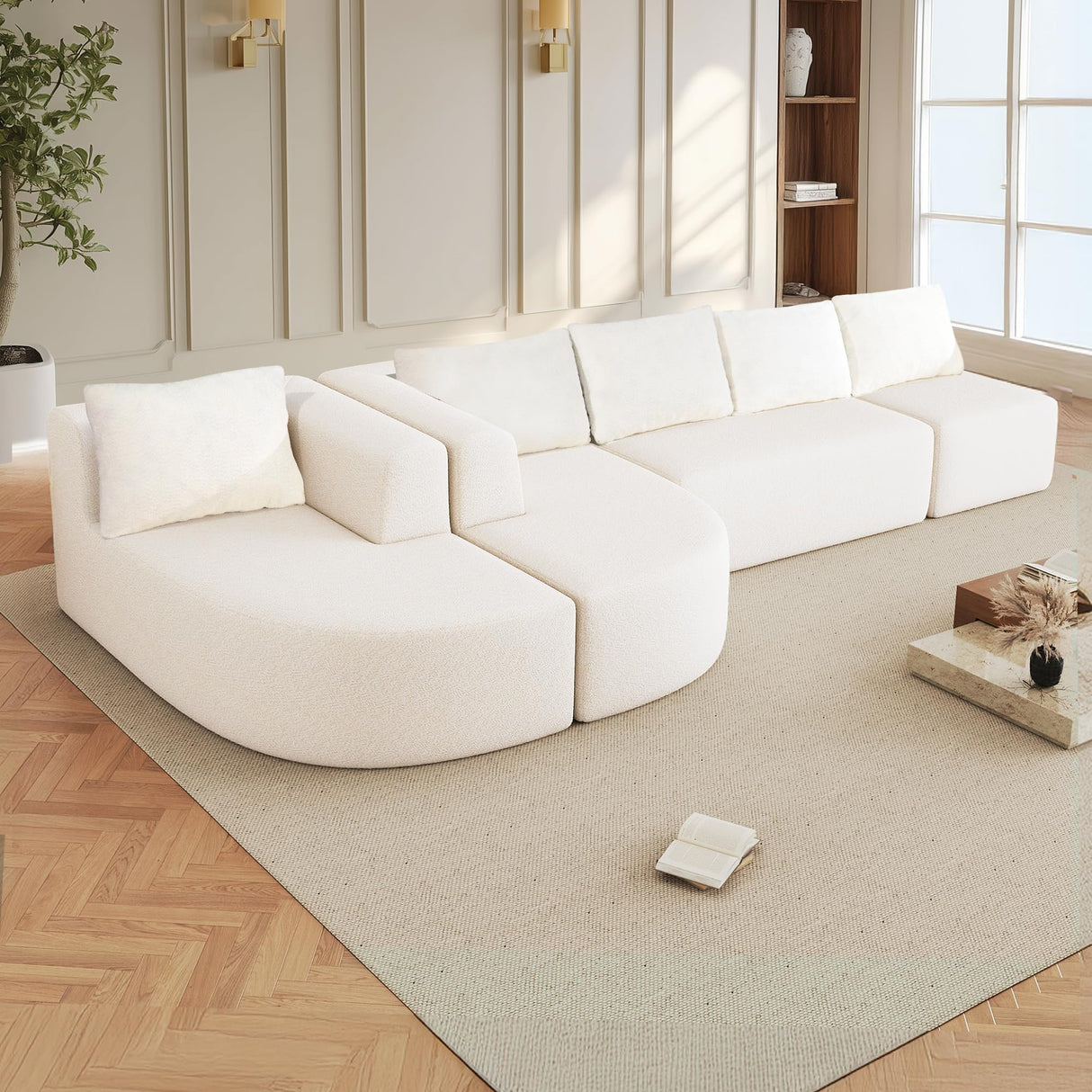EYATZO 144" Sectional Couches for Living Room, Comfy U-Shaped Cloud Couch with Chaise Lounge, Modern Deep Seat Boneless Sofa, No Assembly Required (Boucle, White) EYATZO
