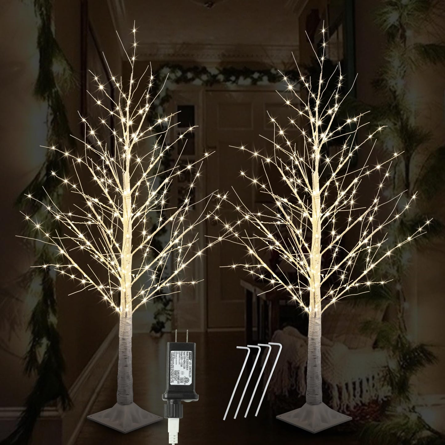 IJG 2pack 4FT 240 LED Christmas Birch Tree Warm White Lights with Twinkle Lights, LED Lighted Birch Tree for Indoor Outdoor Christmas Tree Decorations