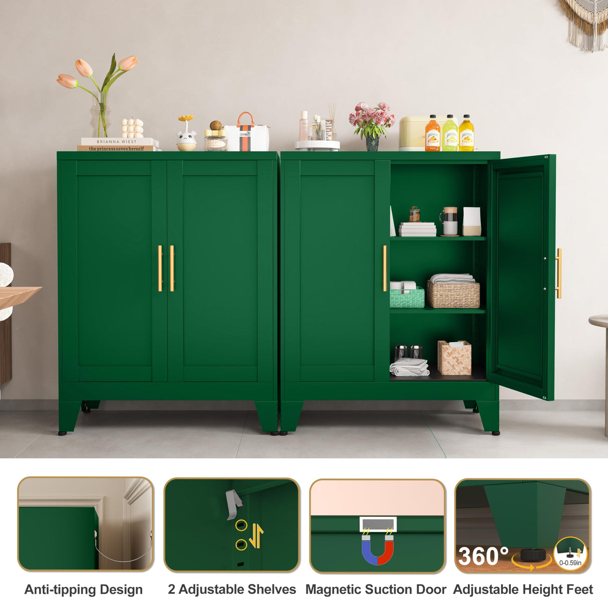 GAIOUS 35.83" Metal Pantry Storage Cabinet with 2 Doors and 2 Adjustable Shelves, Green Freestanding Hutch for Kitchen/Laundry/Living Room/Bedroom GAIOUS