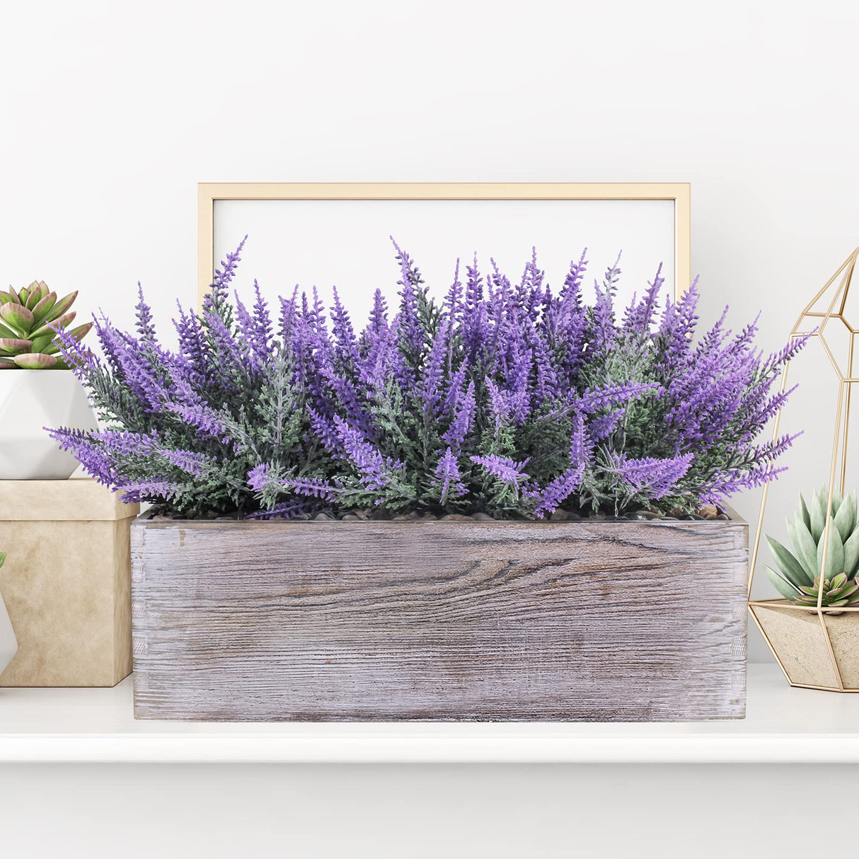 Fake Lavender Flower Arrangement in Rustic Rectangular Wood Planter Box Artificial Potted Lavender Plant for Gifts Farmhouse Wedding Centerpiece Kitchen Windowsill Table Shelf Indoor Greenery Decor Winlyn