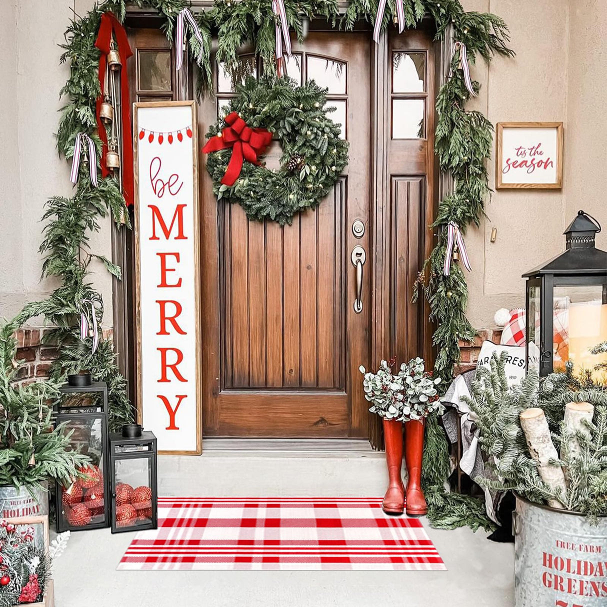 Fallovea Christmas Rugs Red and White Plaid, 28 x 43 Inches Area Rug Outdoor Indoor Front Porch Doormat Cotton Hand-Woven Layered Door Mats for Entryway Patio Entryway Laundry Bedroom Living Room Fallovea