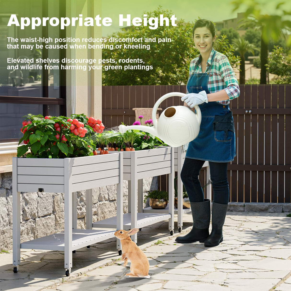 GYMHILL Elevated Raised Garden Bed with Wheels,Outdoor Large Resin Patio Planter Box Stand Divisible with Drain Plug,Water Monitor for Plants Vegetables Flowers Fruits(Ashen) GYMHILL