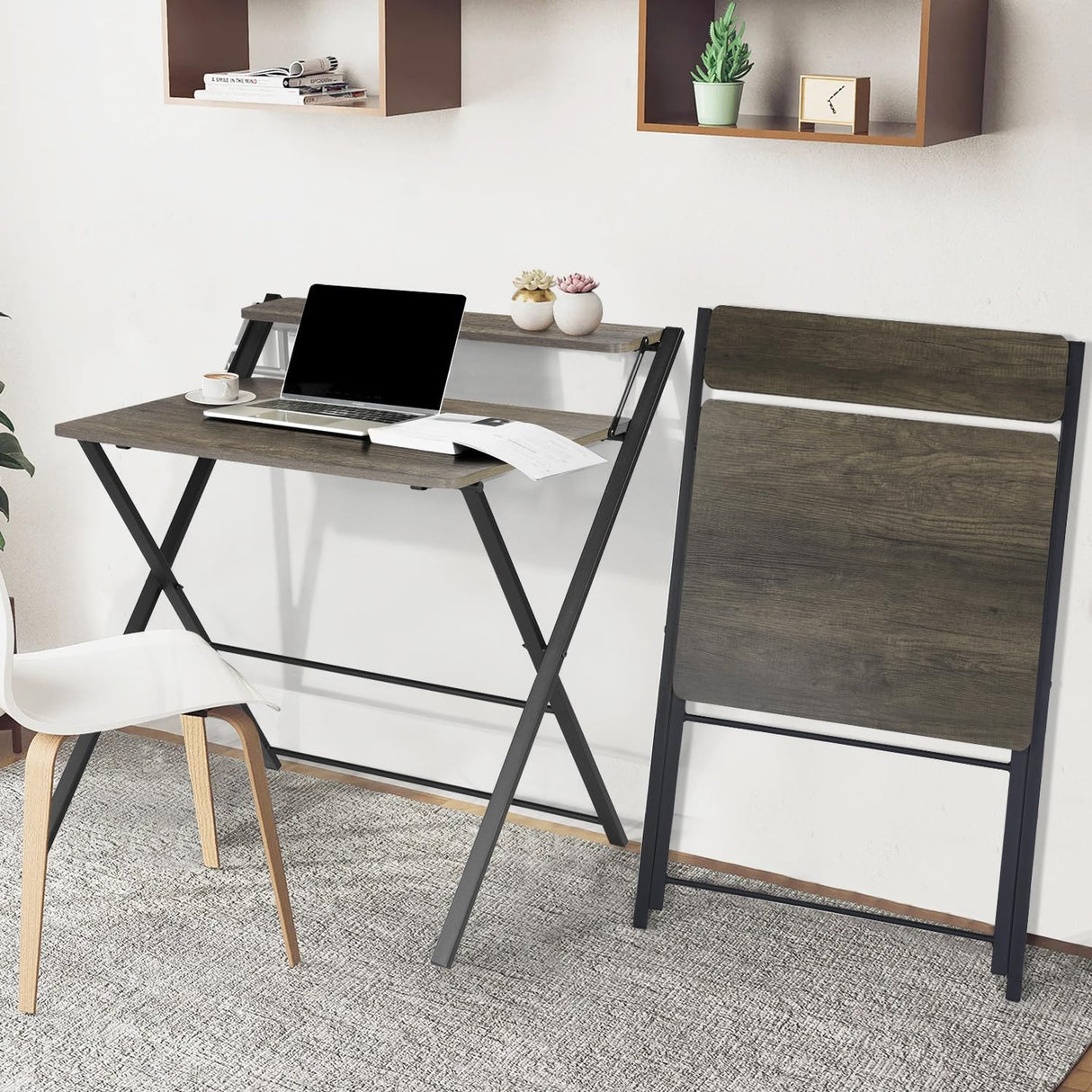 Folding Desk 2-Tier Foldable Table Space Saving Computer Table Writing Workstation for Home Office with Metal Frames/Wood Top Laptop, No Assembly Required, Rustic Brown, 31.9(L) x 20.5(D) x 33.5(H) FurnitureR