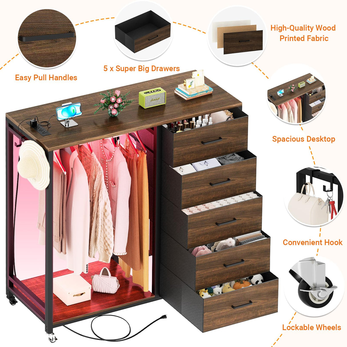 Cyclysio Dresser with Hanging Rack, 5 Fabric Drawers Dresser with Clothes Rack, Wooden Top Storage Chest of Drawers with Charging Station & LED Lights, Lockable Wheels, Closet Cyclysio