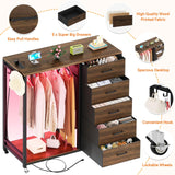 Cyclysio Dresser with Hanging Rack, 5 Fabric Drawers Dresser with Clothes Rack, Wooden Top Storage Chest of Drawers with Charging Station & LED Lights, Lockable Wheels, Closet Cyclysio