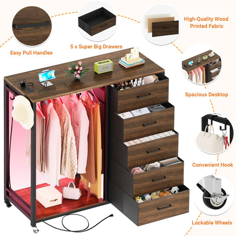 Cyclysio Dresser with Hanging Rack, 5 Fabric Drawers Dresser with Clothes Rack, Wooden Top Storage Chest of Drawers with Charging Station & LED Lights, Lockable Wheels, Closet Cyclysio