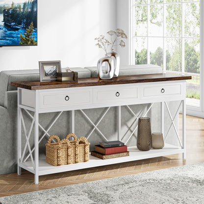 Tribesigns 70.8" Console Table with 3 Drawers, Farmhouse Entryway Table with Storage Shelf, Narrow Long Sofa Foyer Table for Entryway, Hallway (White/Brown) - WoodArtSupply