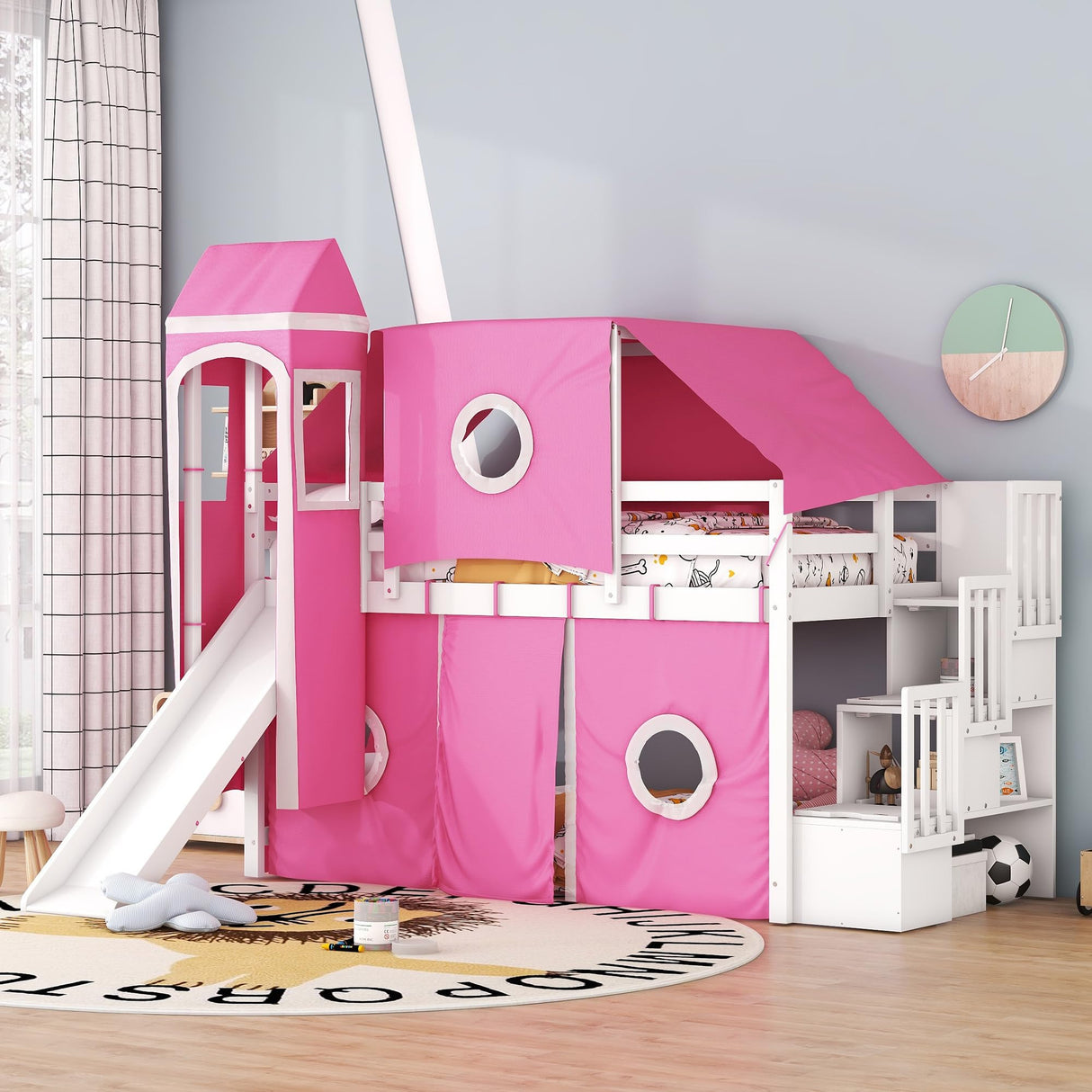 Harper & Bright Designs House Loft Bed with Slide and Storage Stairs, Wood Kids Loft Bed with Tent and Tower, Playhouse Loft Bed Frame for Kids, Teens (Twin Size, Pink) Harper & Bright Designs